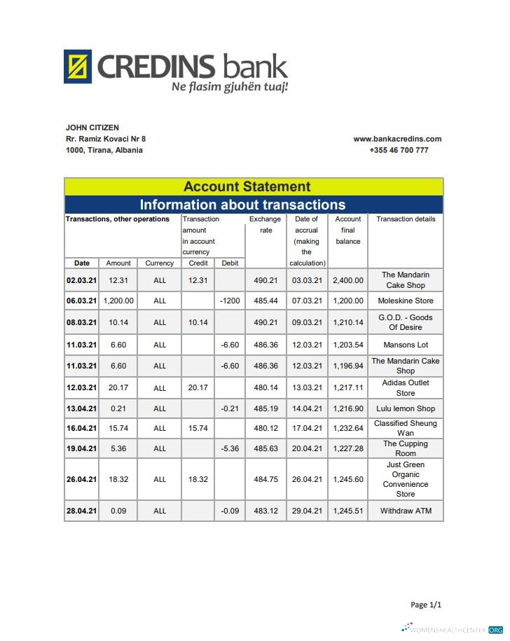 Download Albania Credins bank statement excel Photoshop template
